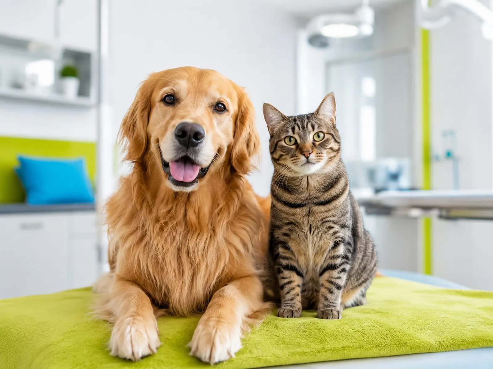 Câine Golden Retriever și pisică tigrată în cabinetul LazVet, simbol al serviciilor pentru câini și pisici