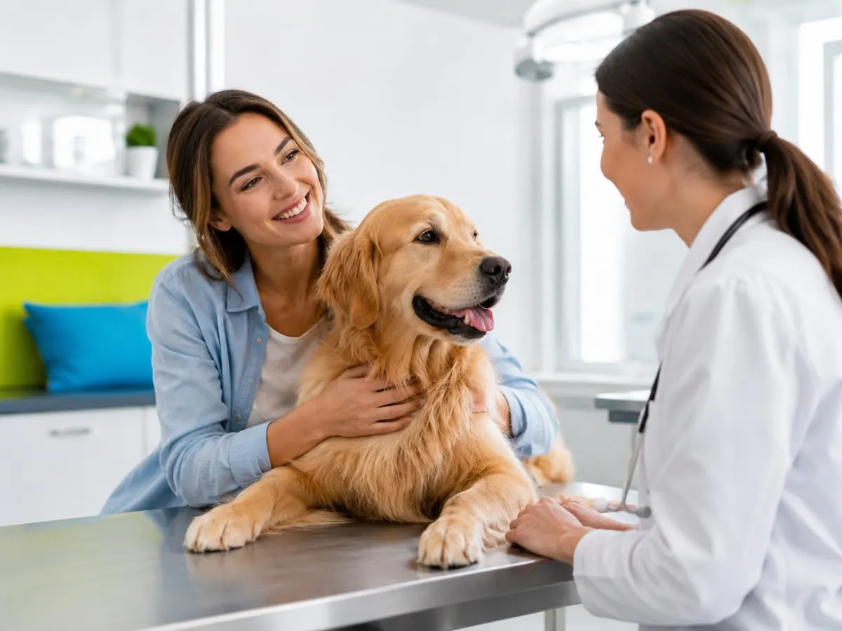 Medic veterinar examinând un câine Golden Retriever alături de proprietara lui în cabinet